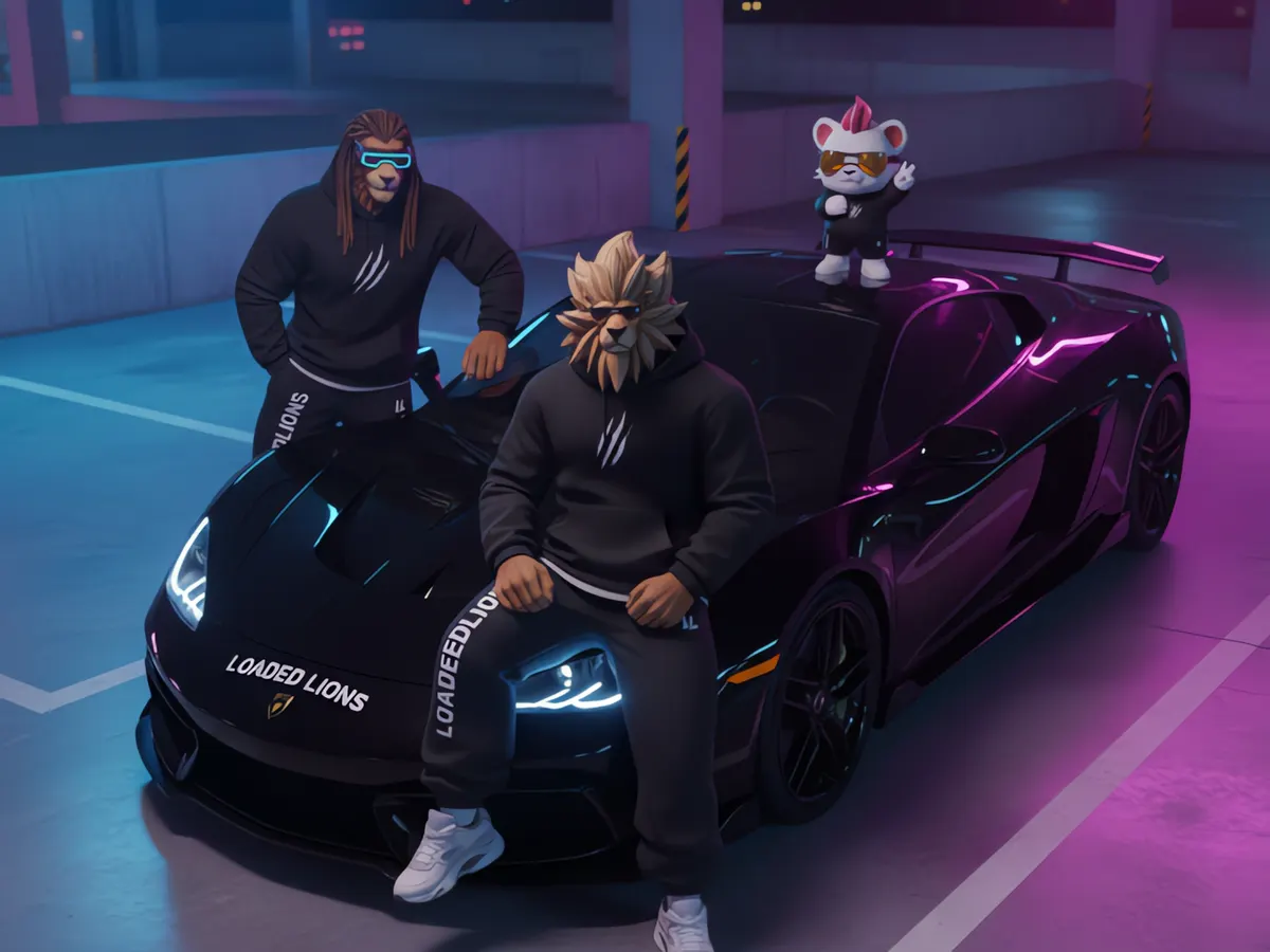 Lions in Loaded Lions hoodies sitting on a sports car