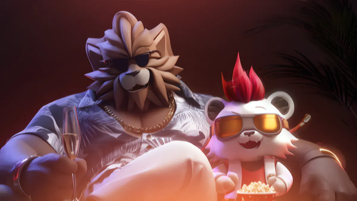 A lion and a cub watching a movie with popcorn
