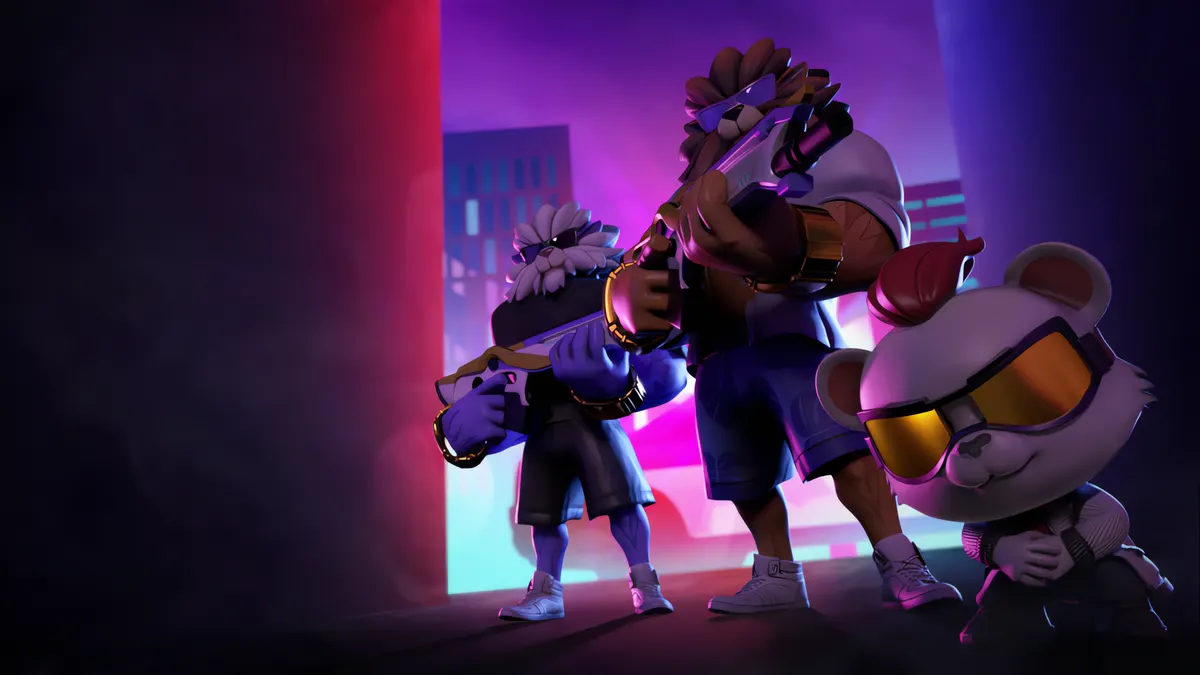 Lions and a cub in a neon-lit doorway