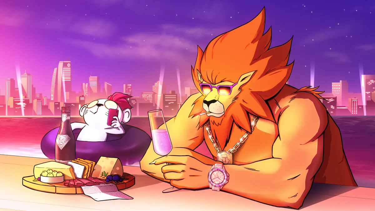 A lion and a cub relaxing poolside with the city skyline behind