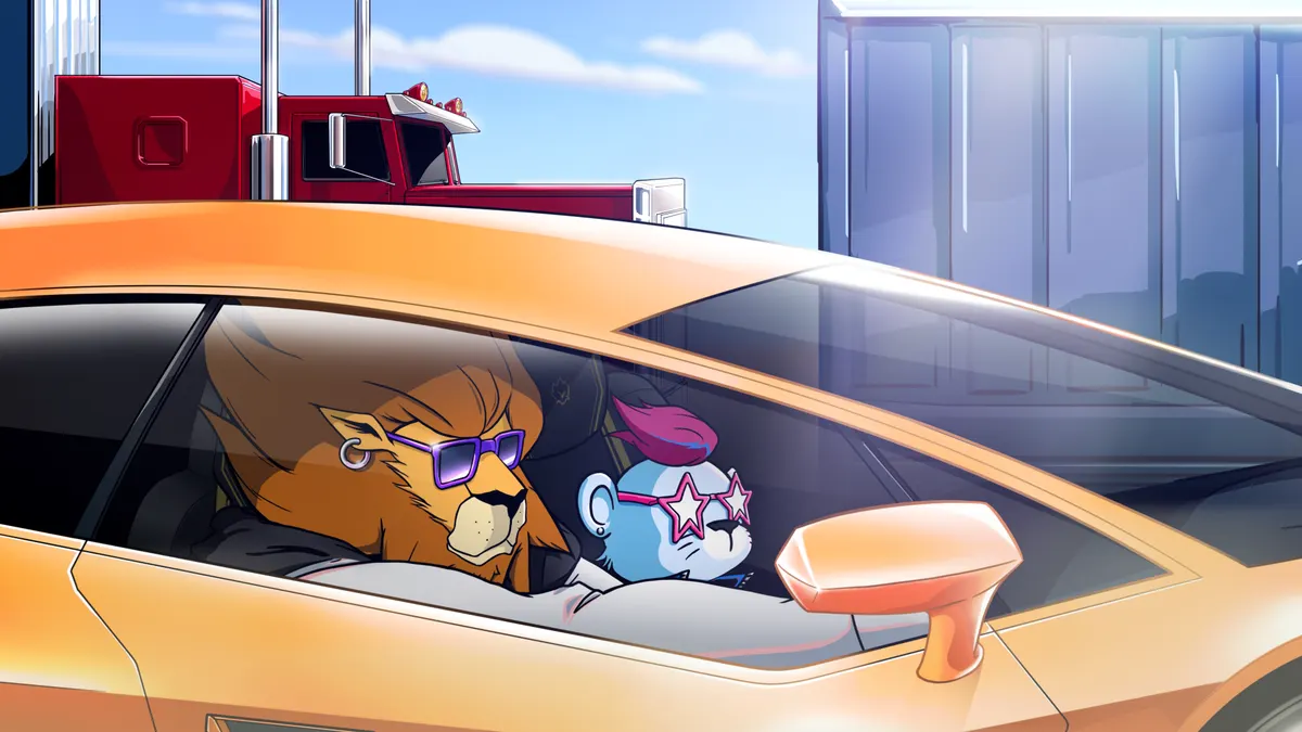 A lion and a cub on a road trip in a yellow sports car